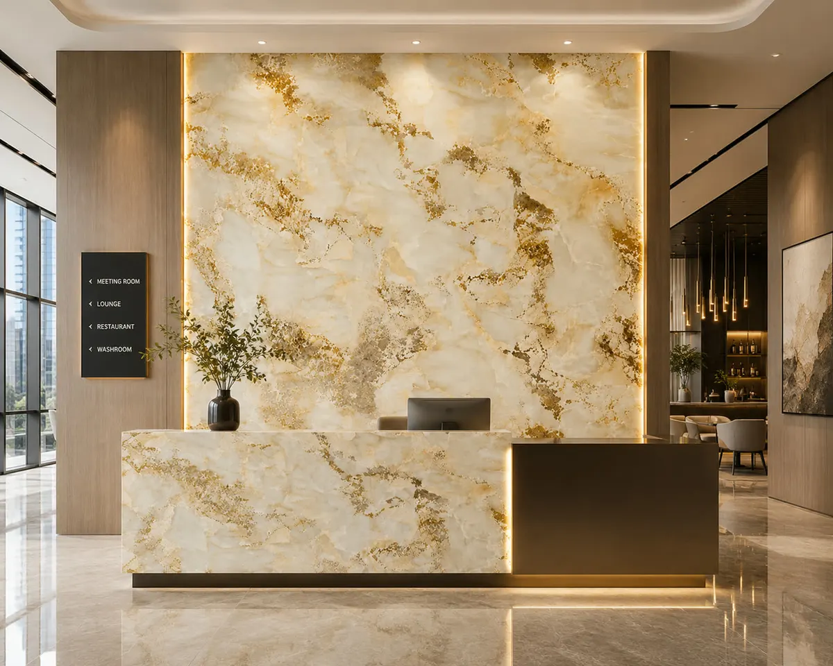 Recepción comercial con muro de lectura marmórea cálida