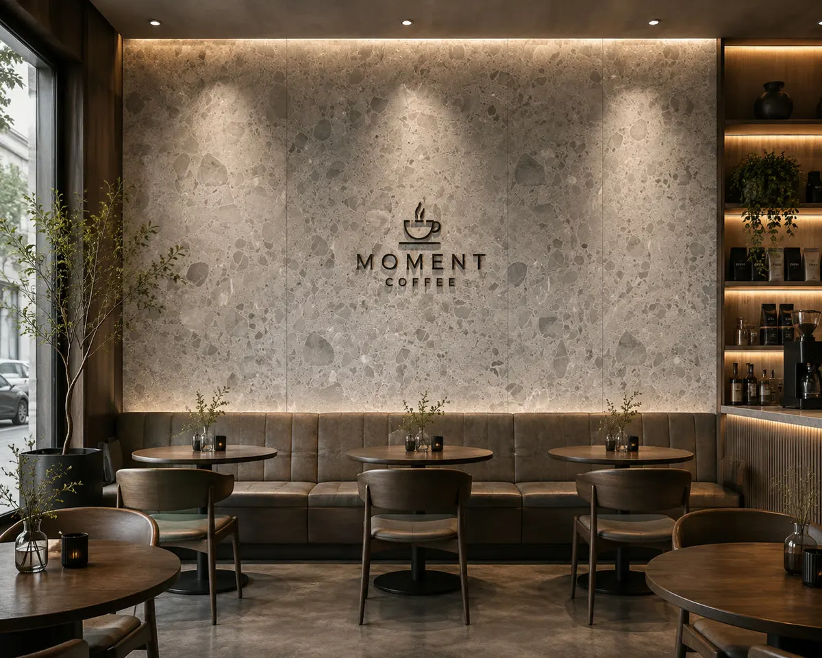 Cafetería con muro de acento de lectura terrazzo