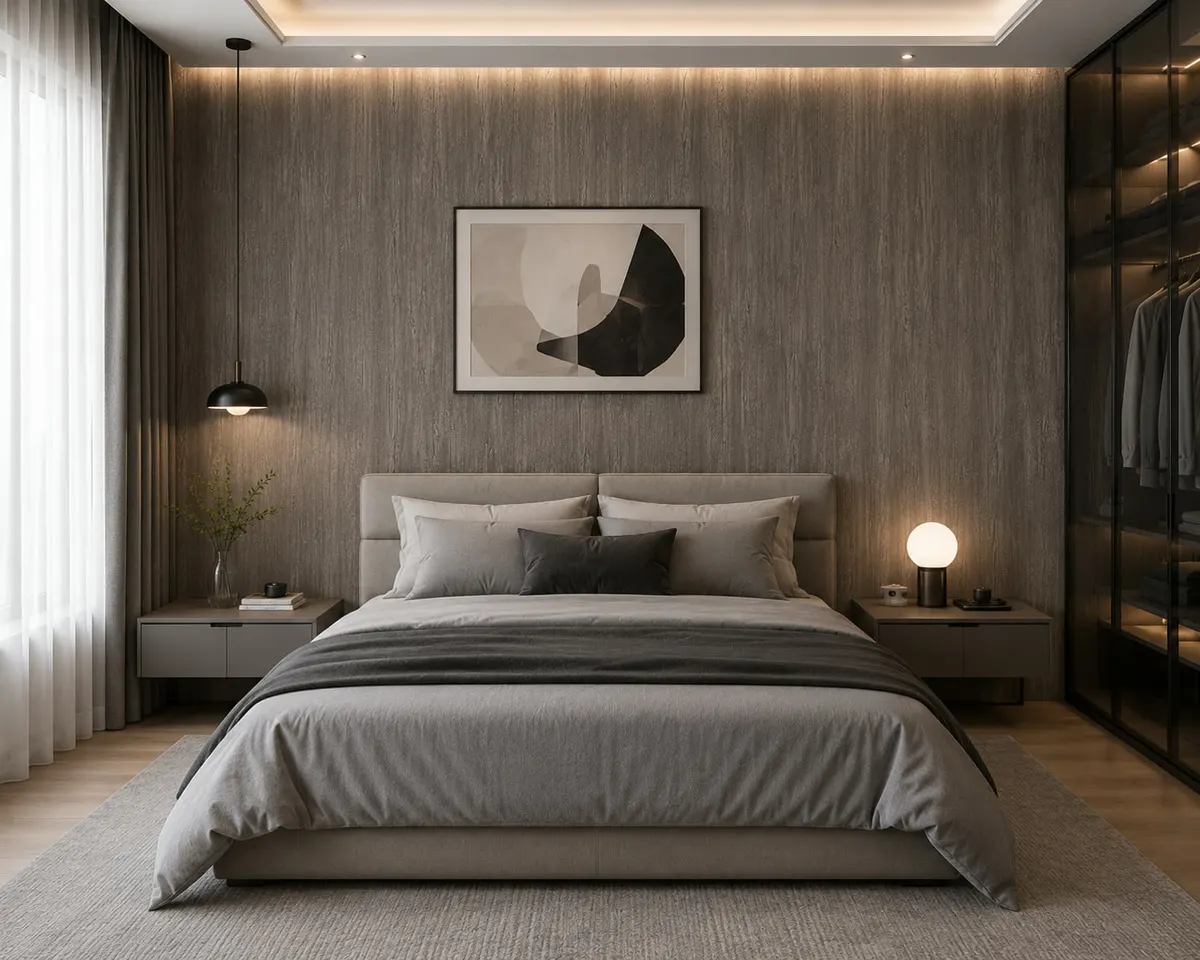 Dormitorio con muro de acento de panel PVC en gris veteado