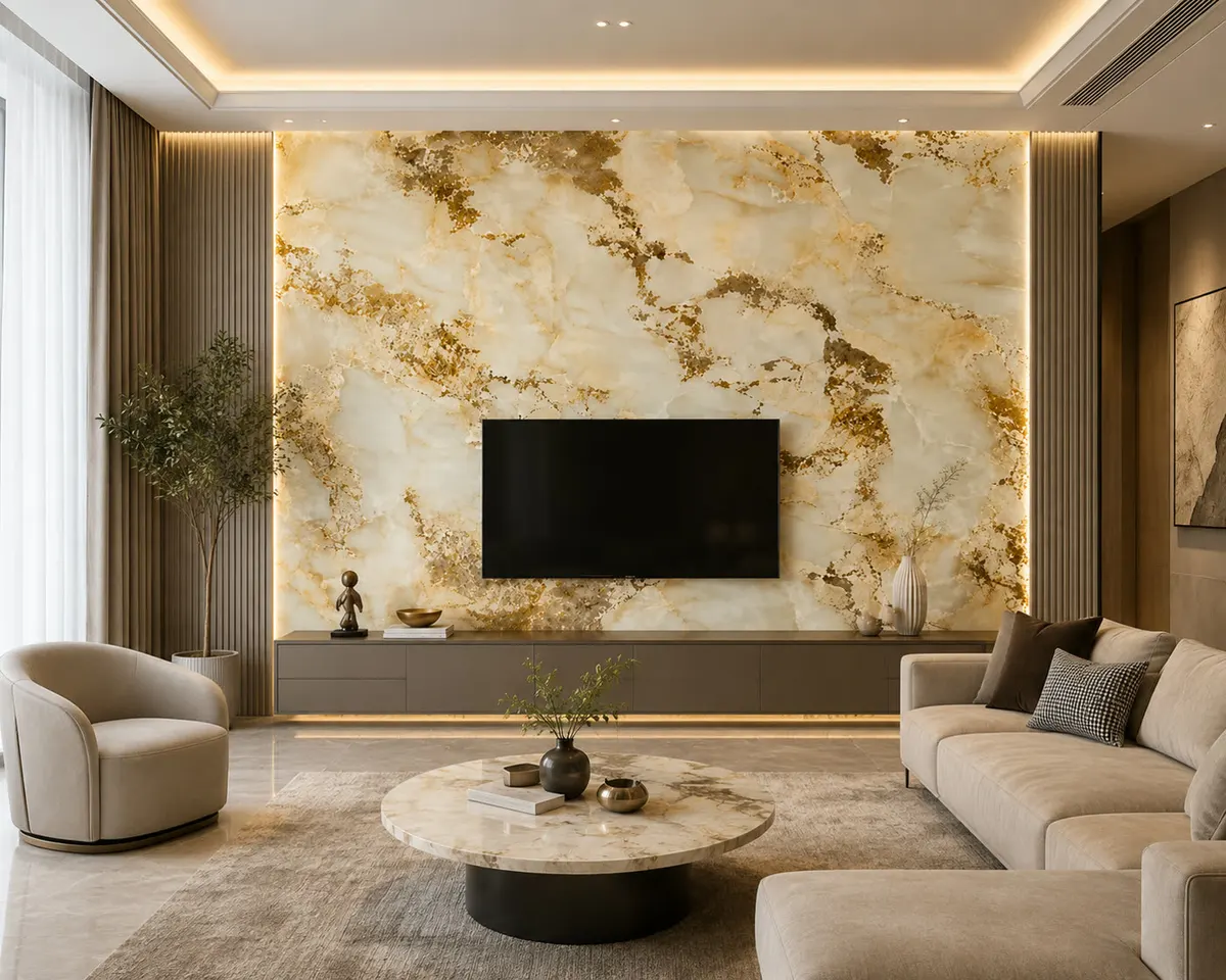 Sala con muro de acento de lectura marmórea detrás del sofá