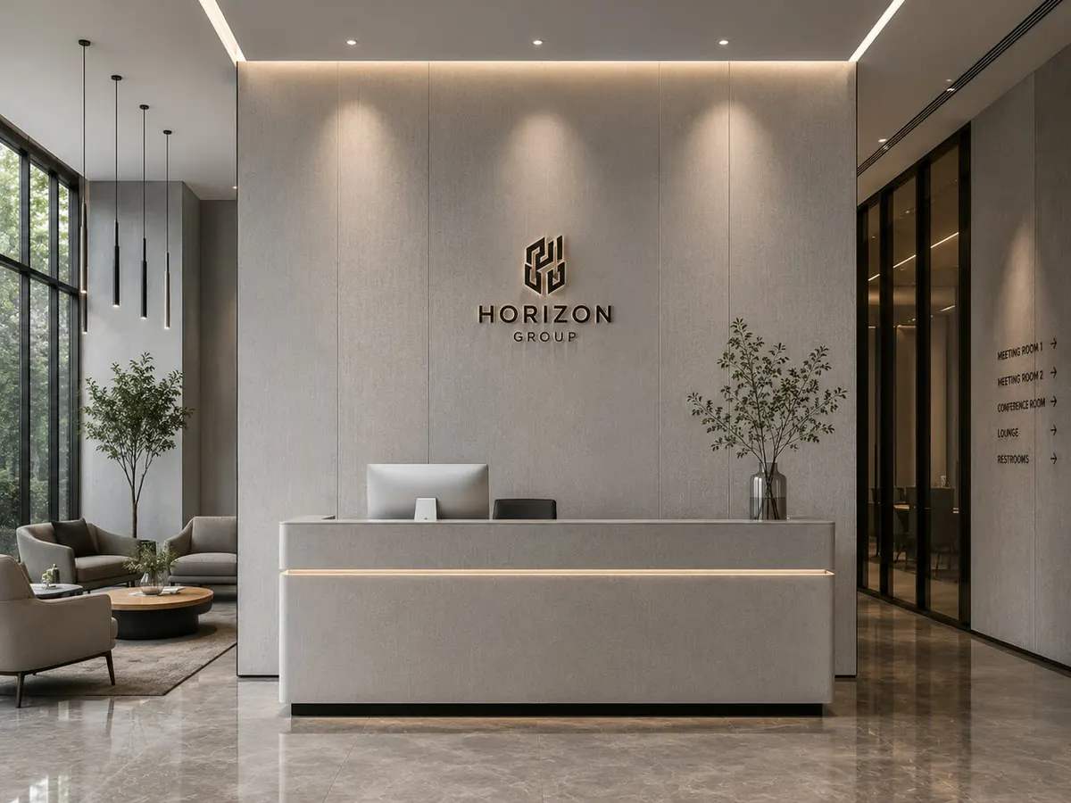 Recepción de oficina con panel texturado en gris claro