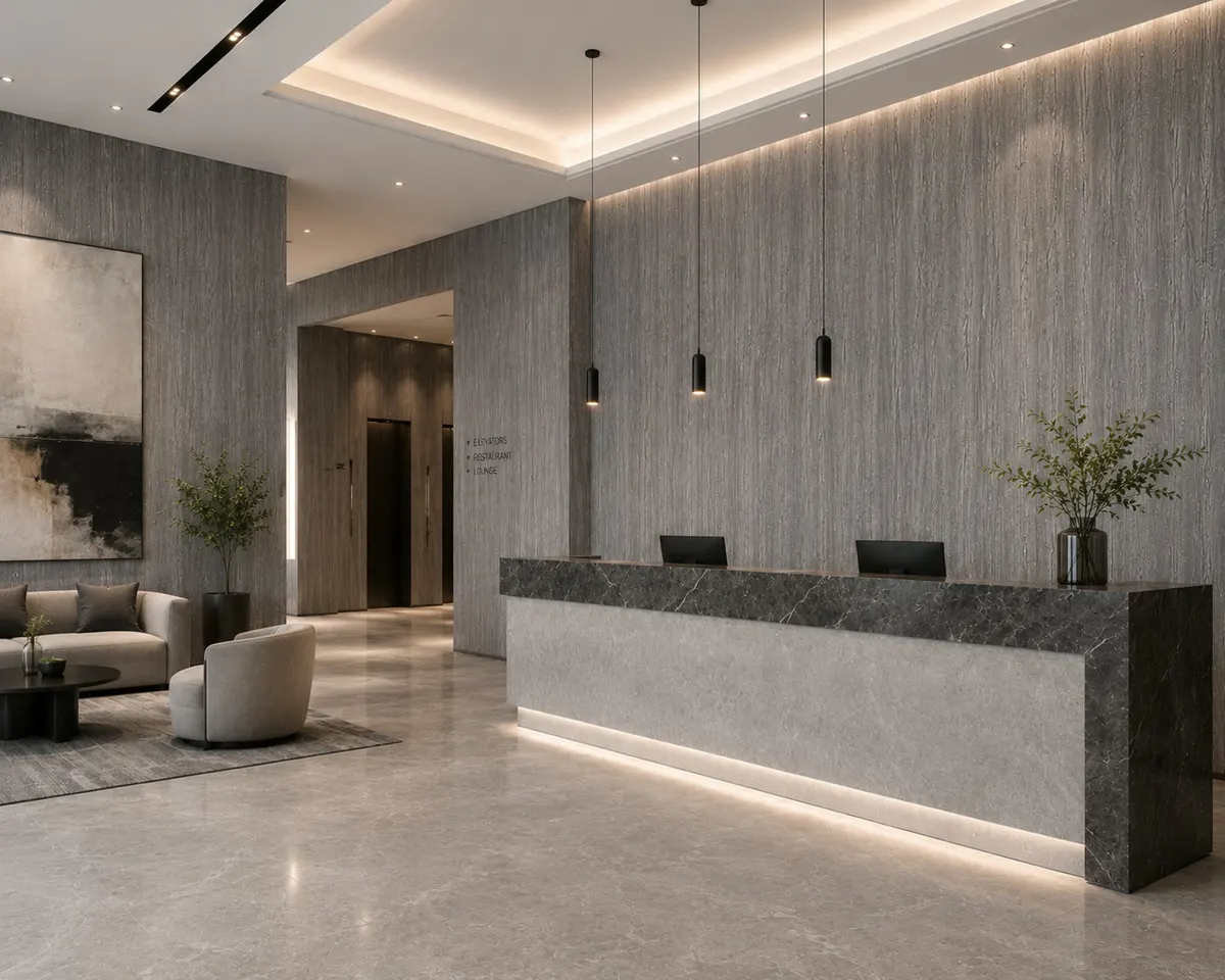 Recepción con muro de lectura pétrea, mostrador y piso de gran formato