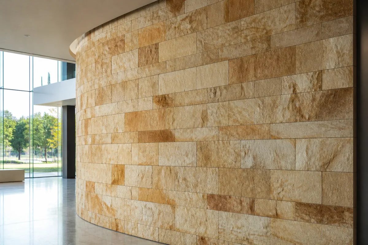 Muro interior con lámina pétrea de lectura travertino y junta horizontal marcada